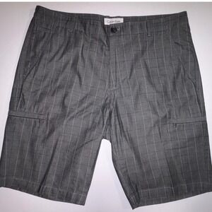 Calvin Klein Men's Gray Plaid Flat‎ Front Cargo Shorts Size 34 ZIPPERS